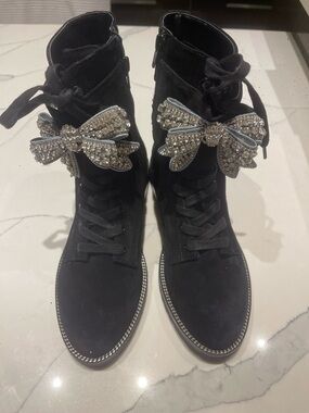 Kurt Geiger Black Suede Lace-Up Ankle Boots with Crystal Bow Embellishments NEW